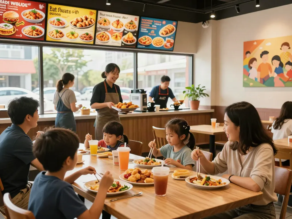 Family enjoying meals at ROKOK88 restaurant, showcasing vibrant dining atmosphere.
