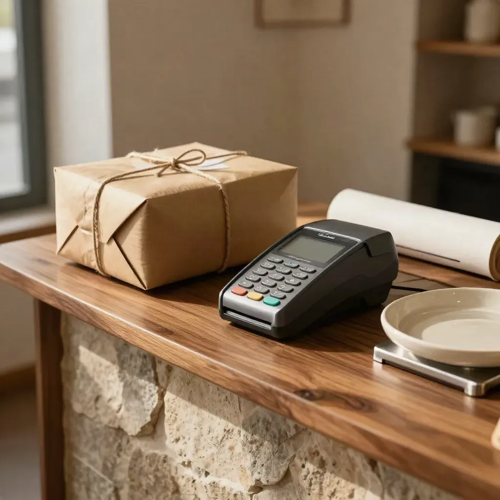 Merchant counter with payment terminal, wrapped parcel and ceramic scale in warm shop light