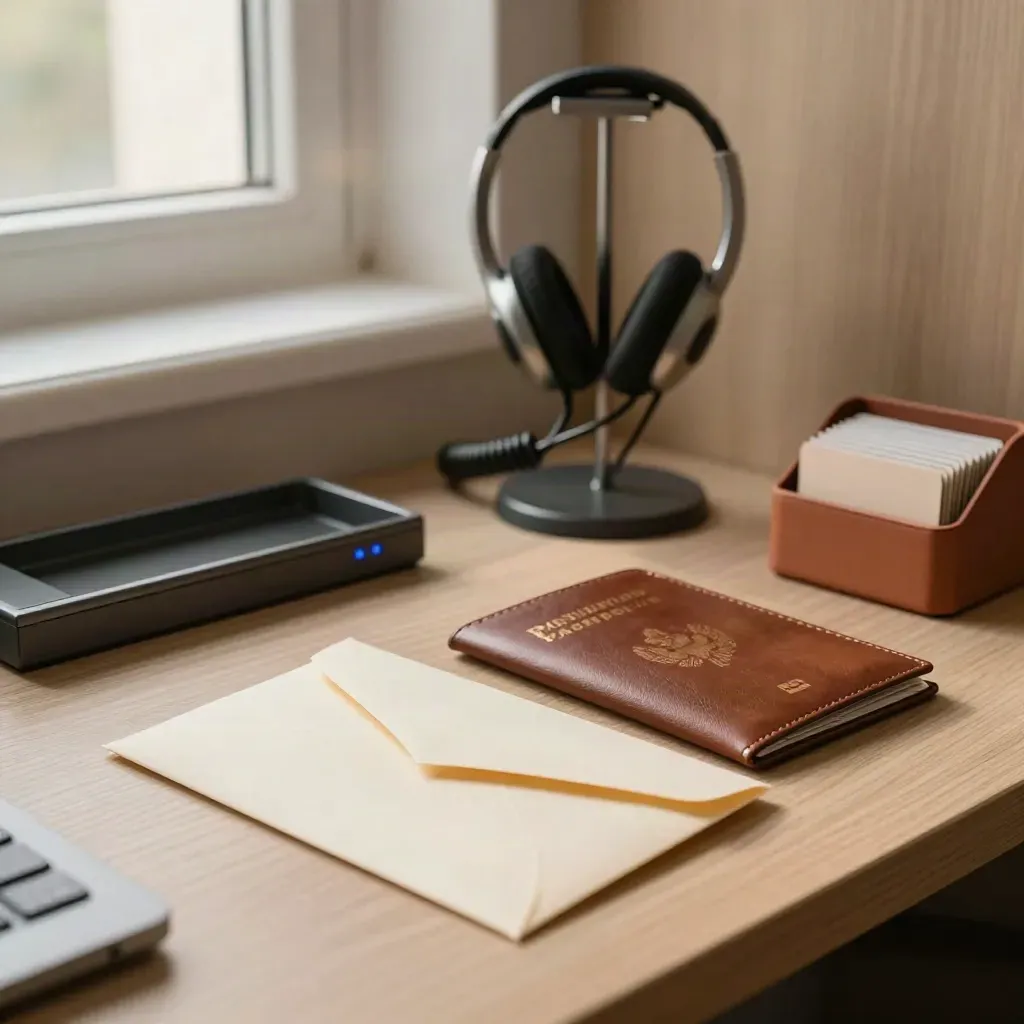 Support station still life with headset stand, sealed card envelope, wallet, and privacy screen in warm light