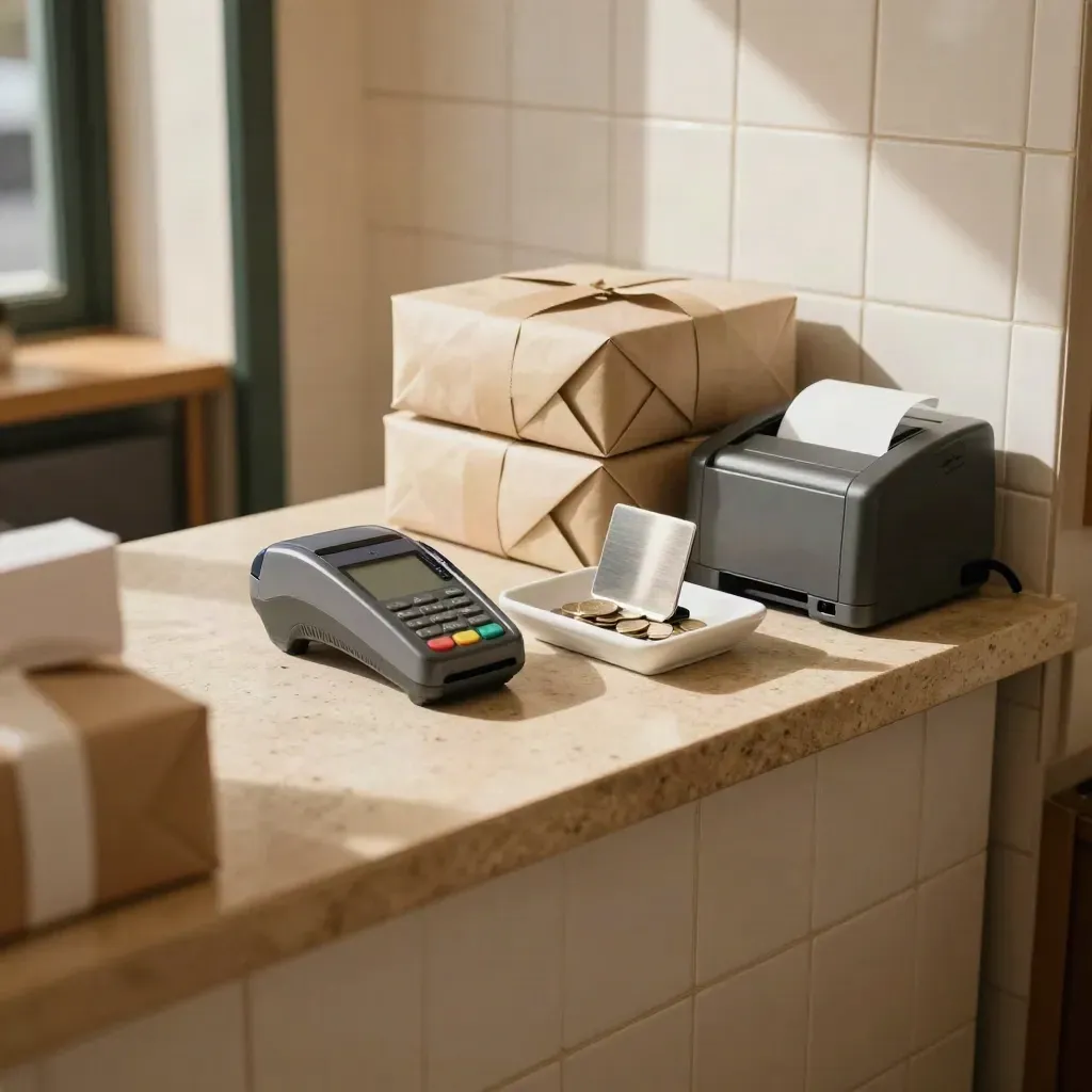 Lisbon checkout corner with card terminal, wrapped orders, and a ceramic cash tray