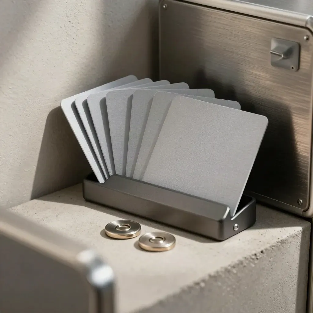 Blank cards fanned in a metal case beside a wallet hub and two tokens on concrete