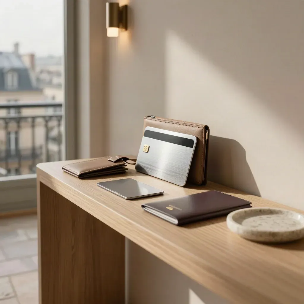 Paris entry table with a silver payment card, travel wallet, and luggage tags in soft window light.