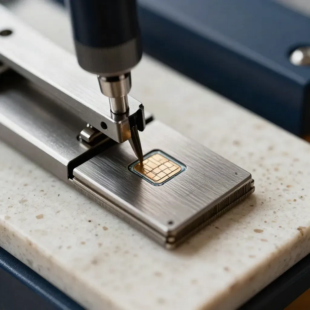 Macro of a card embossing die, chip sample, and calibration block on travertine.