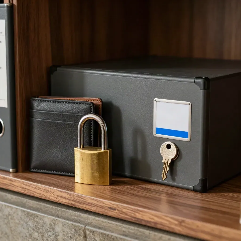 Brass lock, RFID wallet, archive box, and seal on a walnut compliance shelf