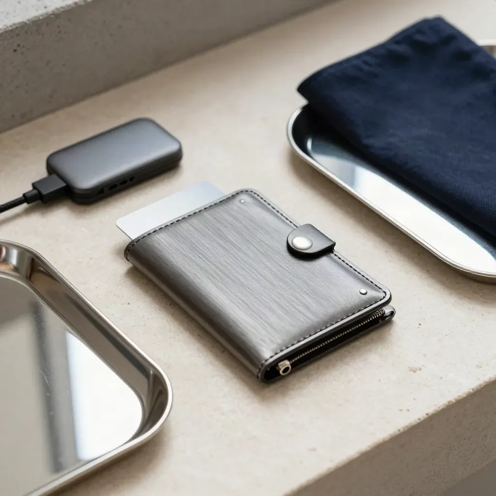Top-down still life of a hardware wallet, card holder, charging puck and polished metal tray.