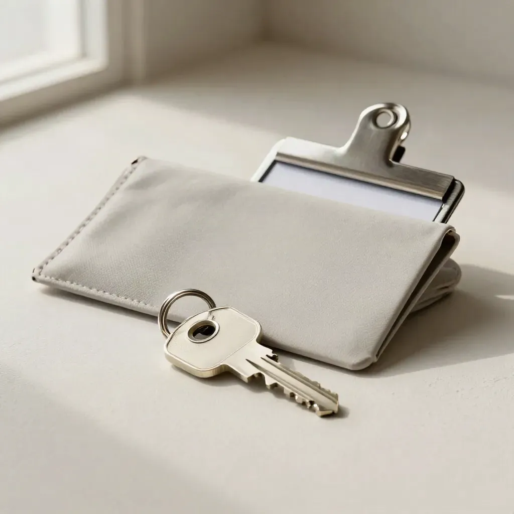Frosted key with card sleeve, document pouch and badge clip on pale plaster.