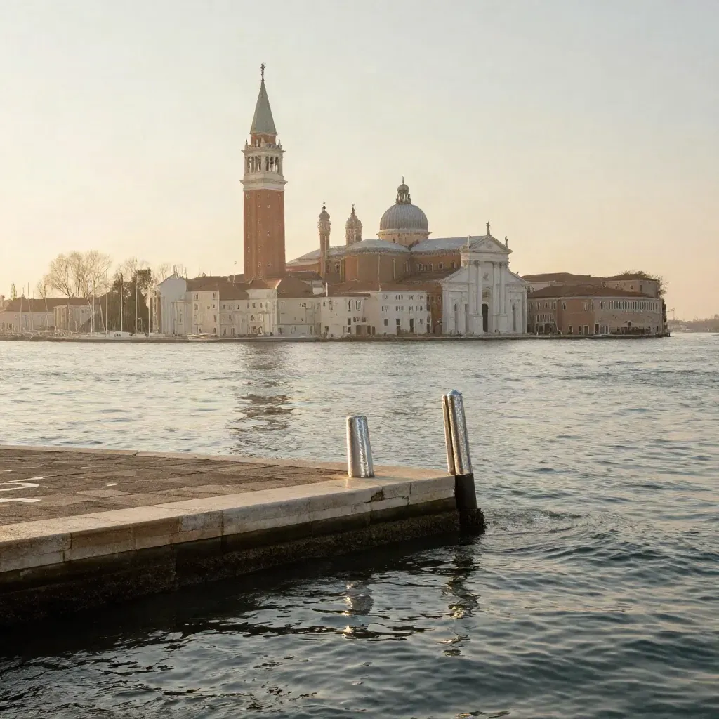 Venice lagoon at sunset with the Campanile and domes above calm stone quay and silver water